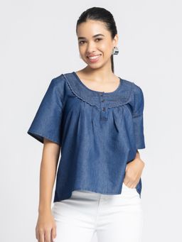 SHAYE - Round Neck Blue Solid Short Sleeves Casual Top for Women