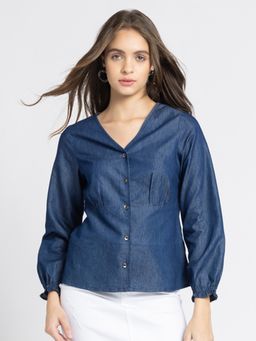 SHAYE - V-Neck Blue Solid Long Sleeves Casual Top for Women