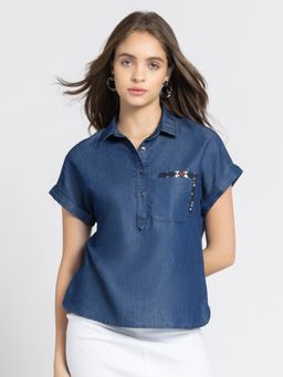 SHAYE - Shirt Collar Blue Solid Drop Shoulder Sleeves Casual Top for Women