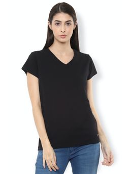 Van Heusen - Women Black Solid Casual V-neck T-shirt