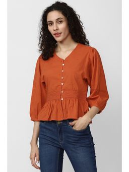 Van Heusen - Women Orange Embroidered Casual V-neck Top
