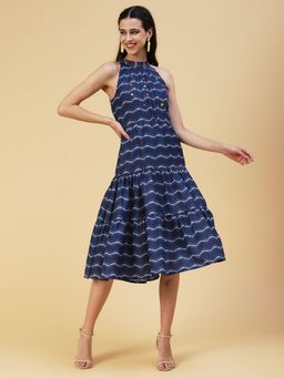 FASHOR - Chevron Printed & Kantha Embroidered Fit & Flare Midi Dress - Blue