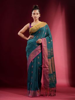 CHARUKRITI - Teal Dual Border and Zari Design Saree with Unstitched Blouse