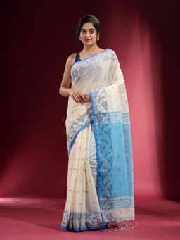 CHARUKRITI - Off White with Floral Border and Contrast Pallu Saree with Unstitched Blouse