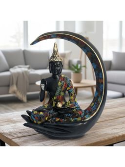 eCraftIndia - Multicolor Resin Blessing Buddha Statue Sitting On Half Moon Palm | Lord Buddha Idol