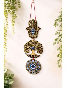 eCraftIndia - Wooden Evil Eye Hamsa Hand Nazar Battu Wall Hanging