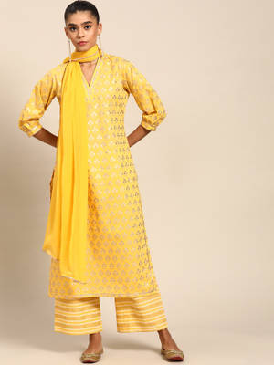 Buy Gerua By Libas Yellow Printed Cotton Suit (Set of 3) Online