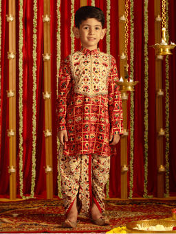 Vastramay - Boys Red And Cream Kurta And Dhoti (Set of 2)