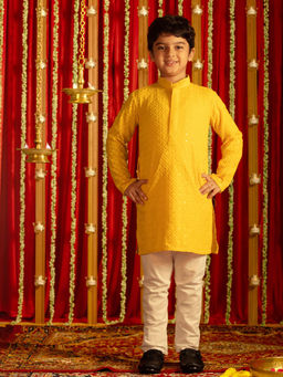 Vastramay - Boys Yellow And White Kurta Pyjama (Set of 2)