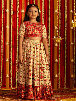 Vastramay - Girls Red And Cream Lehenga With Crop Top (Set of 2)