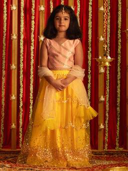 Vastramay - Girls Pink And Yellow Lehenga With Dupatta (Set of 3)