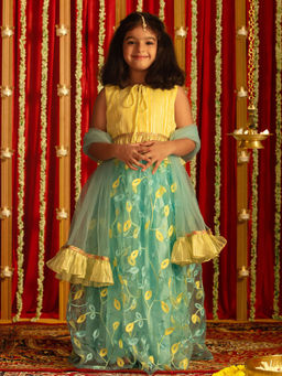 Vastramay - Girls Yellow And Aqua Lehenga With Dupatta (Set of 3)