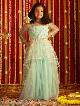 Vastramay - Girls Aqua Kurta With Lehenga (Set of 2)
