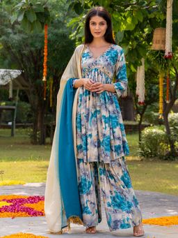 HOUSE OF JAMOTI - Weather Wave Turquoise Sharara (Set of 3)