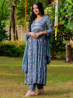 HOUSE OF JAMOTI - Mid Grey Floral Suit (Set of 3)