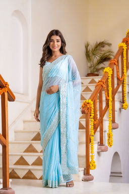 HOUSE OF JAMOTI - Light Blue Mirror Work Saree without Blouse