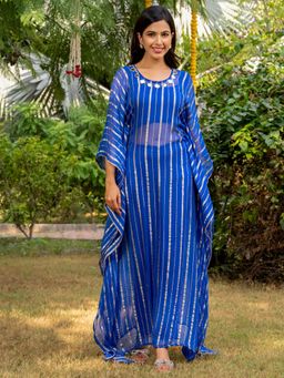 HOUSE OF JAMOTI - Teal Blue Mirror Work Kaftan (Set of 3)