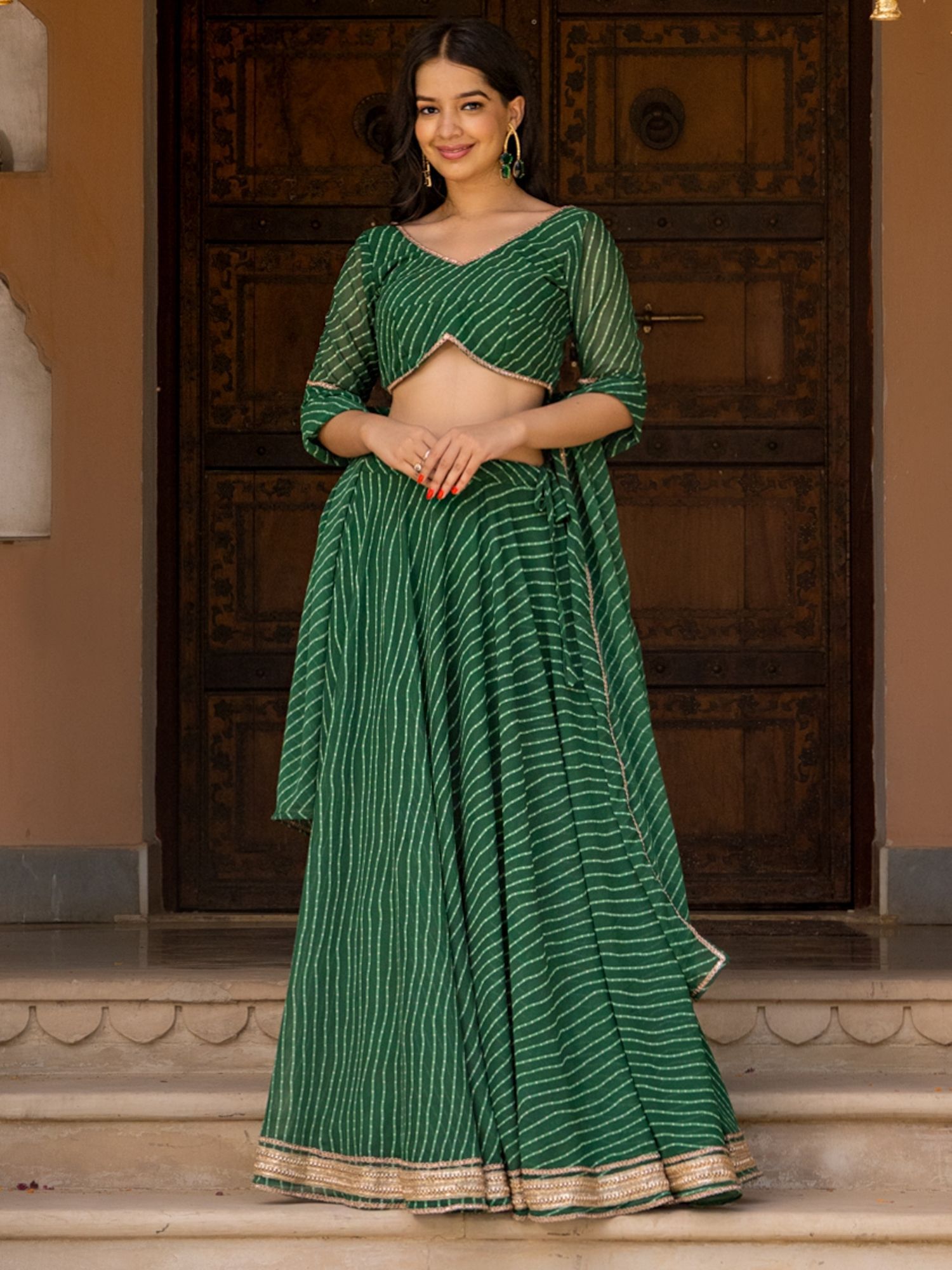 Green Bandhani Lehenga (Set of 3)-image-17