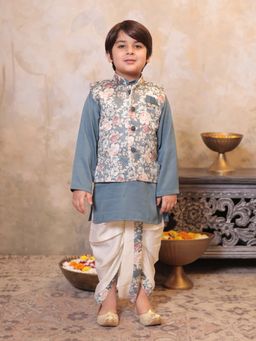 AJ Dezines - Boys Grey Cotton Floral Dhoti and Kurta with Waistcoat