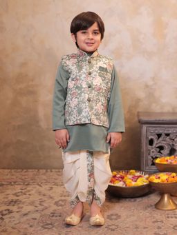 AJ Dezines - Boys Green Cotton Floral Dhoti and Kurta with Waistcoat