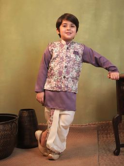 AJ Dezines - Boys Purple Cotton Floral Dhoti and Kurta with Waistcoat
