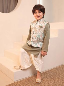 AJ Dezines - Boys Green Cotton Floral Dhoti and Kurta with Waistcoat