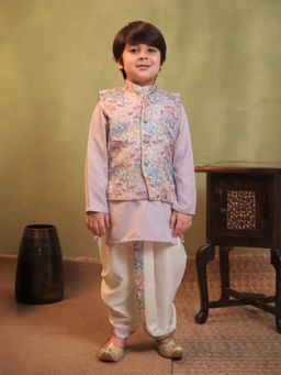 AJ Dezines - Boys Pink Cotton Floral Dhoti and Kurta with Waistcoat