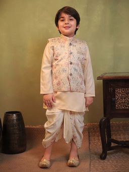 AJ Dezines - Boys Yellow Cotton Floral Dhoti and Kurta with Waistcoat