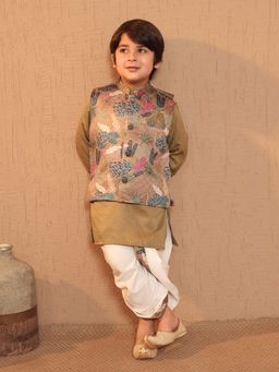 AJ Dezines - Boys Green Cotton Floral Dhoti and Kurta with Waistcoat