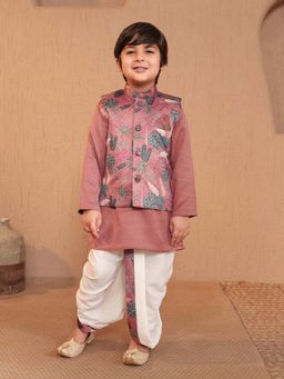 AJ Dezines - Boys Pink Cotton Floral Dhoti and Kurta with Waistcoat