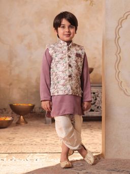 AJ Dezines - Boys Pink Cotton Floral Dhoti and Kurta with Waistcoat