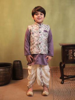 AJ Dezines - Boys Purple Cotton Floral Dhoti and Kurta with Waistcoat