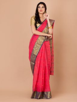 LAA CALCUTTA - Coral and Blue Pure Cotton Tant Saree