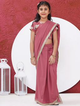 Little Bansi - Sequin Stitched Blouse with Ready to Wear Dusty Rose Saree (Set of 2)