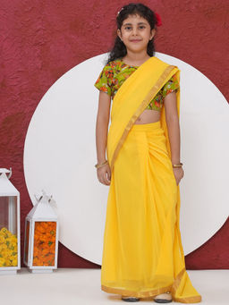 Little Bansi - Floral Stitched Blouse with Ready to Wear Yellow Saree (Set of 2)