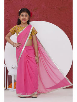 Little Bansi - Floral Stitched Blouse with Ready to Wear Gaajri Pink Saree (Set of 2)