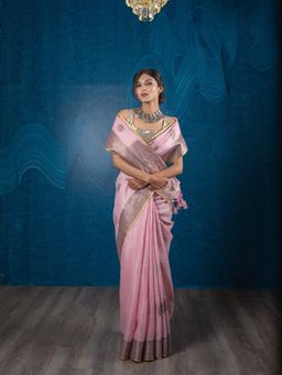 EXCLUSIVA - Pink Soft Linen and Tissue Silk Saree with Unstitched Blouse