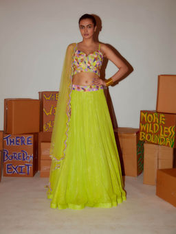 Nirmooha - Neon Blouse with Lehenga & Scallop Dupatta (Set of 3)