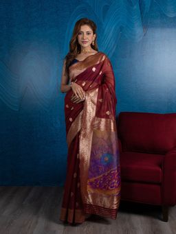 Beatitude - Maroon Gold-Toned Ethnic Motifs Zari Silk Blend Banarasi Saree with Unstitched Blouse