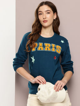 DILLINGER - Womens Relaxed Fit Embroidered Teal Long Sleeve Sweatshirt