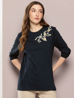 DILLINGER - Womens Oversized Long Sleeve Embroidered Navy Blue T-Shirt