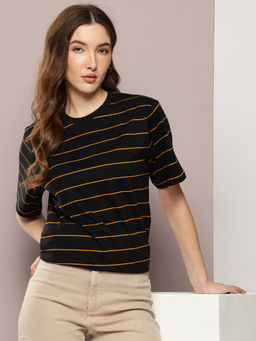 DILLINGER - Womens Oversized Half Sleeves Striped Black T-Shirt
