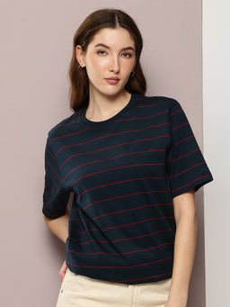 DILLINGER - Womens Oversized Half Sleeves Striped Navy Blue T-Shirt
