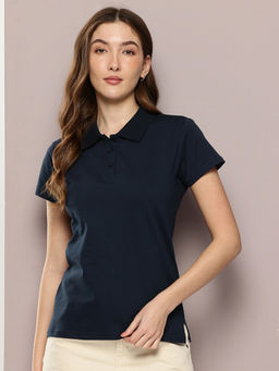DILLINGER - Womens Regular Fit Half Sleeve Solid Navy Blue Polo T-Shirt