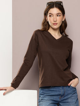 DILLINGER - Womens Regular Fit Long Sleeve Solid V-Neck Brown T-Shirt