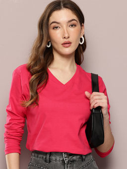 DILLINGER - Womens Regular Fit Long Sleeve Solid V-Neck Pink T-Shirt