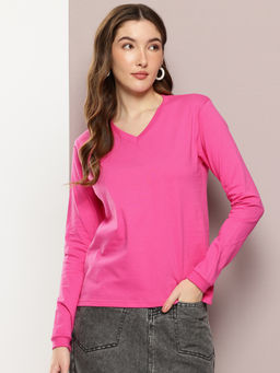 DILLINGER - Womens Regular Fit Long Sleeve Solid V-Neck Pink T-Shirt