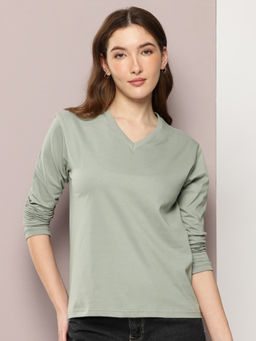 DILLINGER - Womens Regular Fit Long Sleeve Solid V-Neck Grey T-Shirt