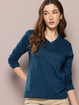 DILLINGER - Womens Regular Fit Long Sleeve Solid V-Neck Teal T-Shirt