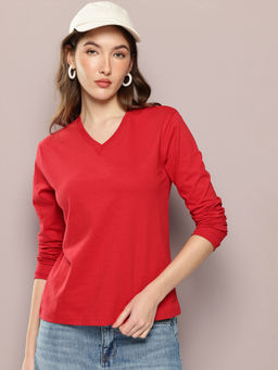 DILLINGER - Womens Regular Fit Long Sleeve Solid V-Neck Red T-Shirt